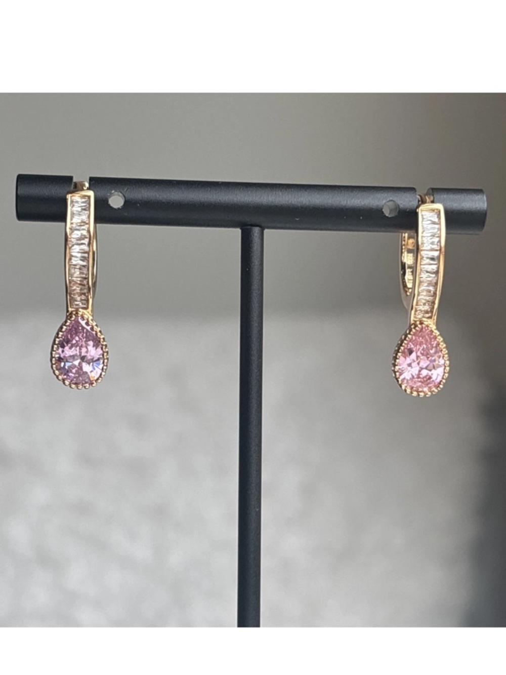 Rose Gold Plated Pink CZ Teardrop Dangle Hoop Earrings Baguette Accent